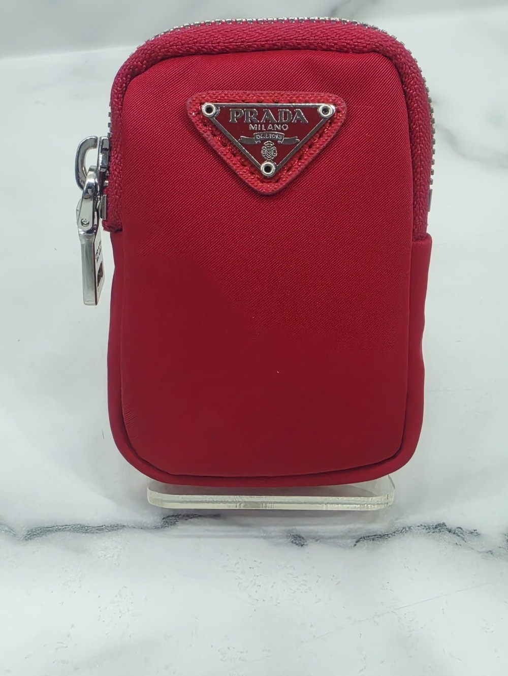 Prada Red Nylon Mini Pouch Keychain Coin Case Small Zip Bag Italy
